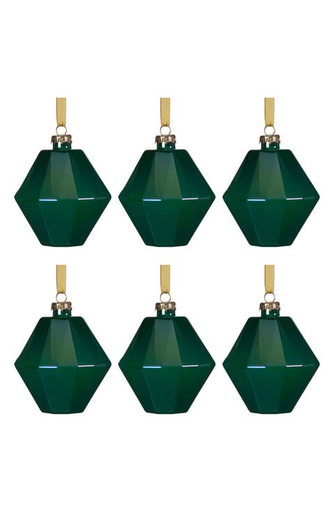 Set of 6 Green Luster Faceted Ornaments