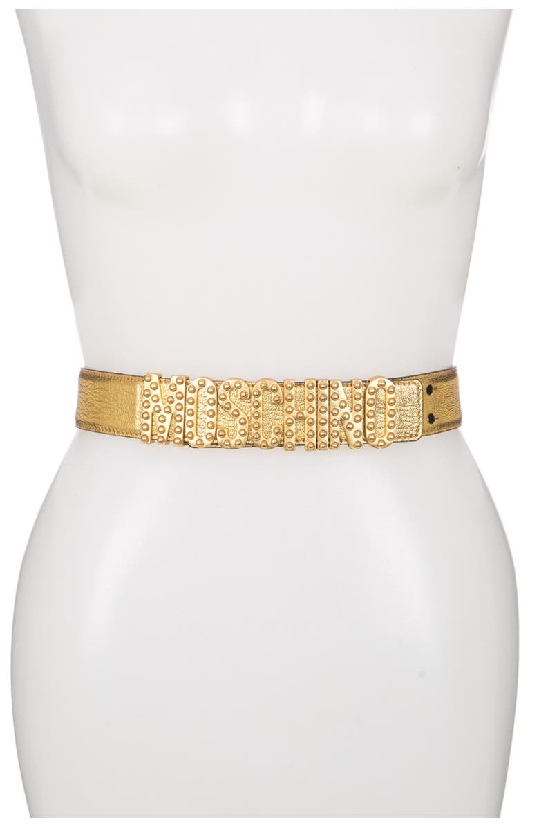 Moschino Thick Leather Studded Logo Belt, Main, color, 