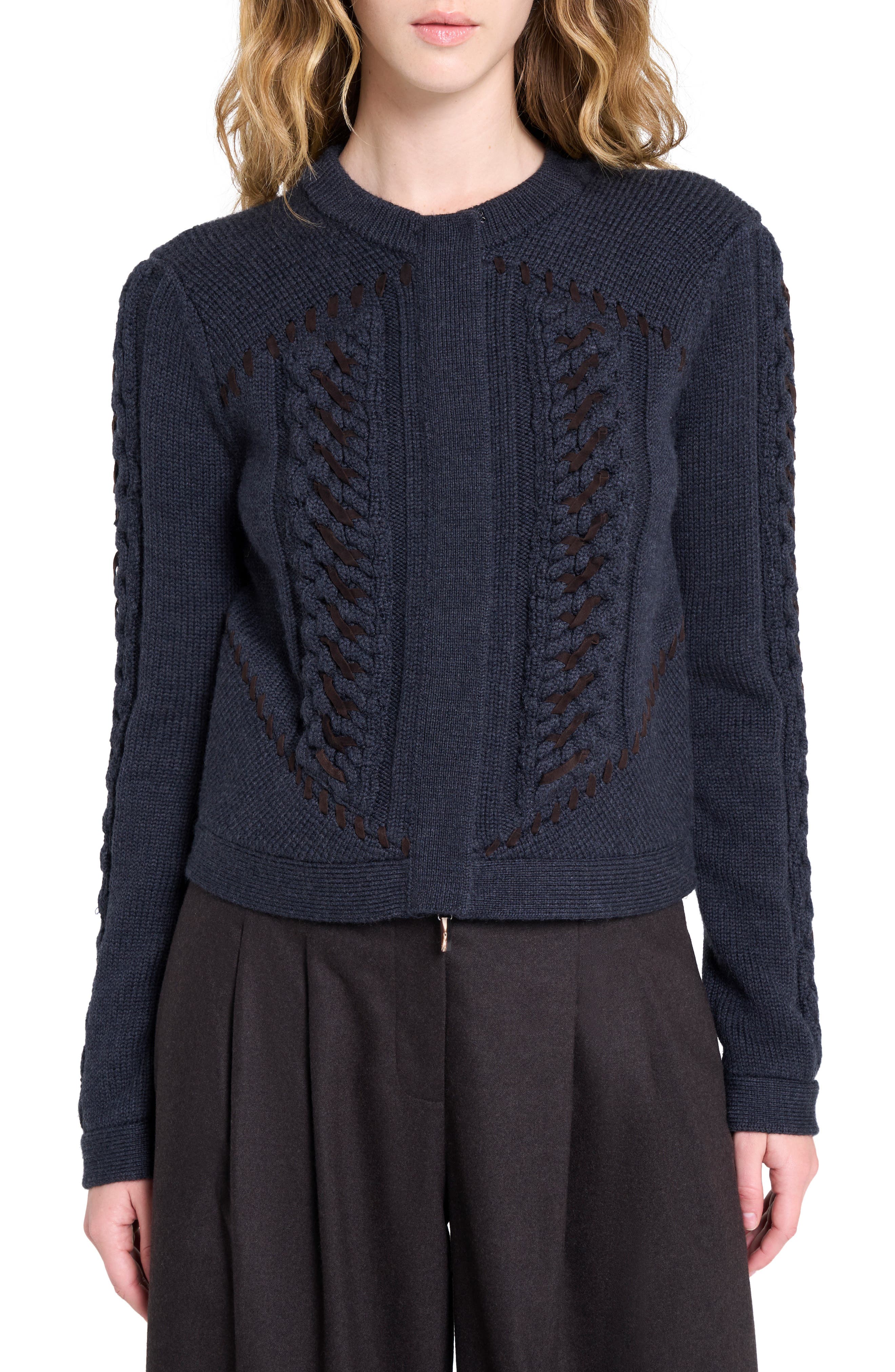 Suede Detail Wool Cable Cardigan