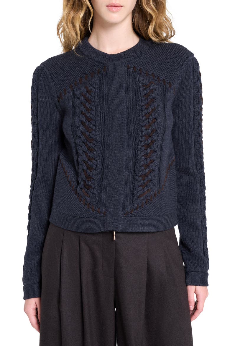 Suede Detail Wool Cable Cardigan, Main, color, CHARCOAL
