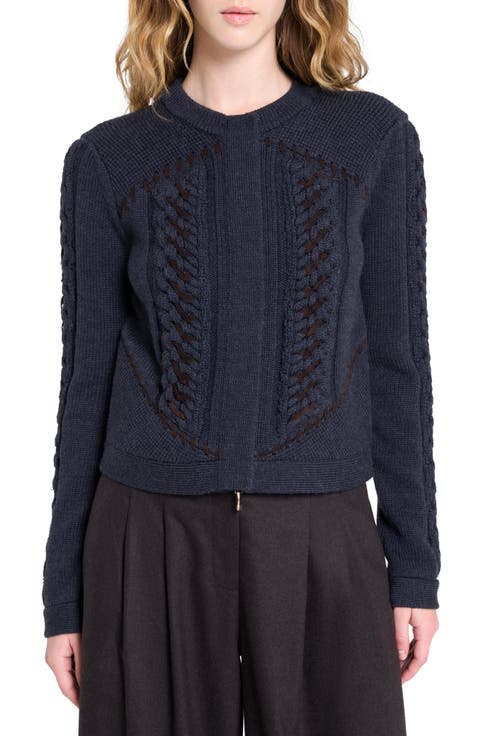 Suede Detail Wool Cable Cardigan