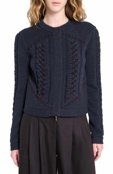 Suede Detail Wool Cable Cardigan