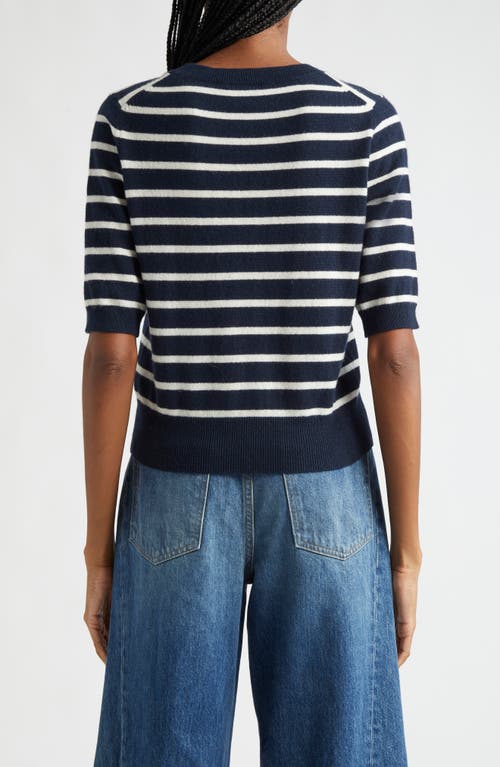 Veronica Beard Shana Stripe Short Sleeve Cashmere Sweater In Navy Ivory