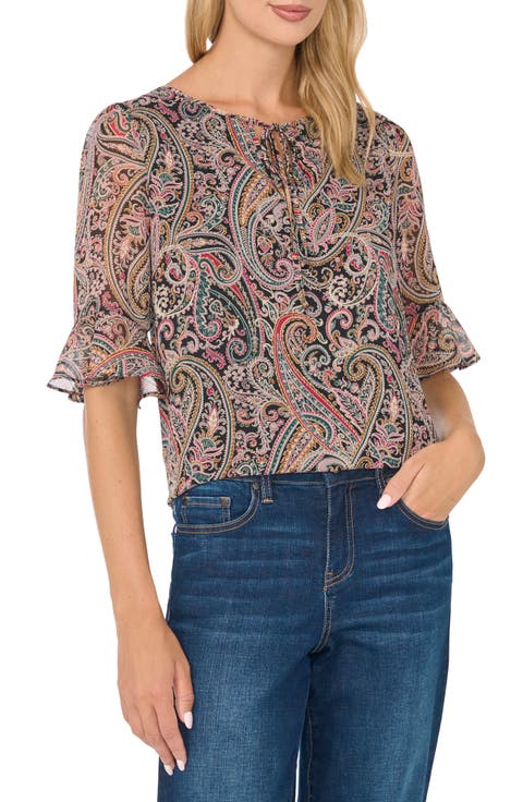 Ruffle Cuff Split Tie Neck Top
