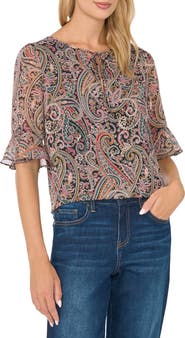 CeCe Ruffle Cuff Split Tie Neck Top
