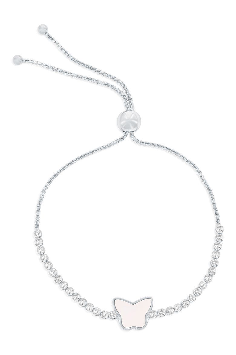 Butterfly Mother-of-Pearl & Cubic Zirconia Slider Bracelet, Main, color, SILVER