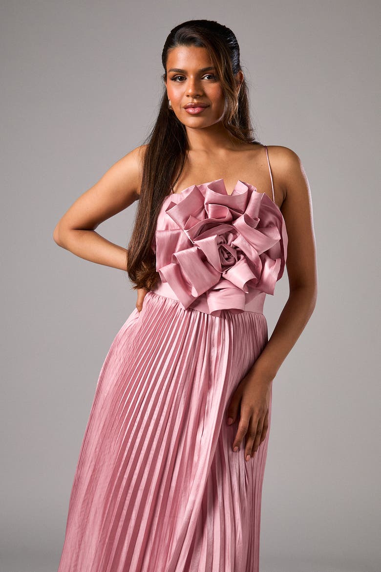 Petite Metallic Pleated Corsage Dress, Alternate, color, Pink