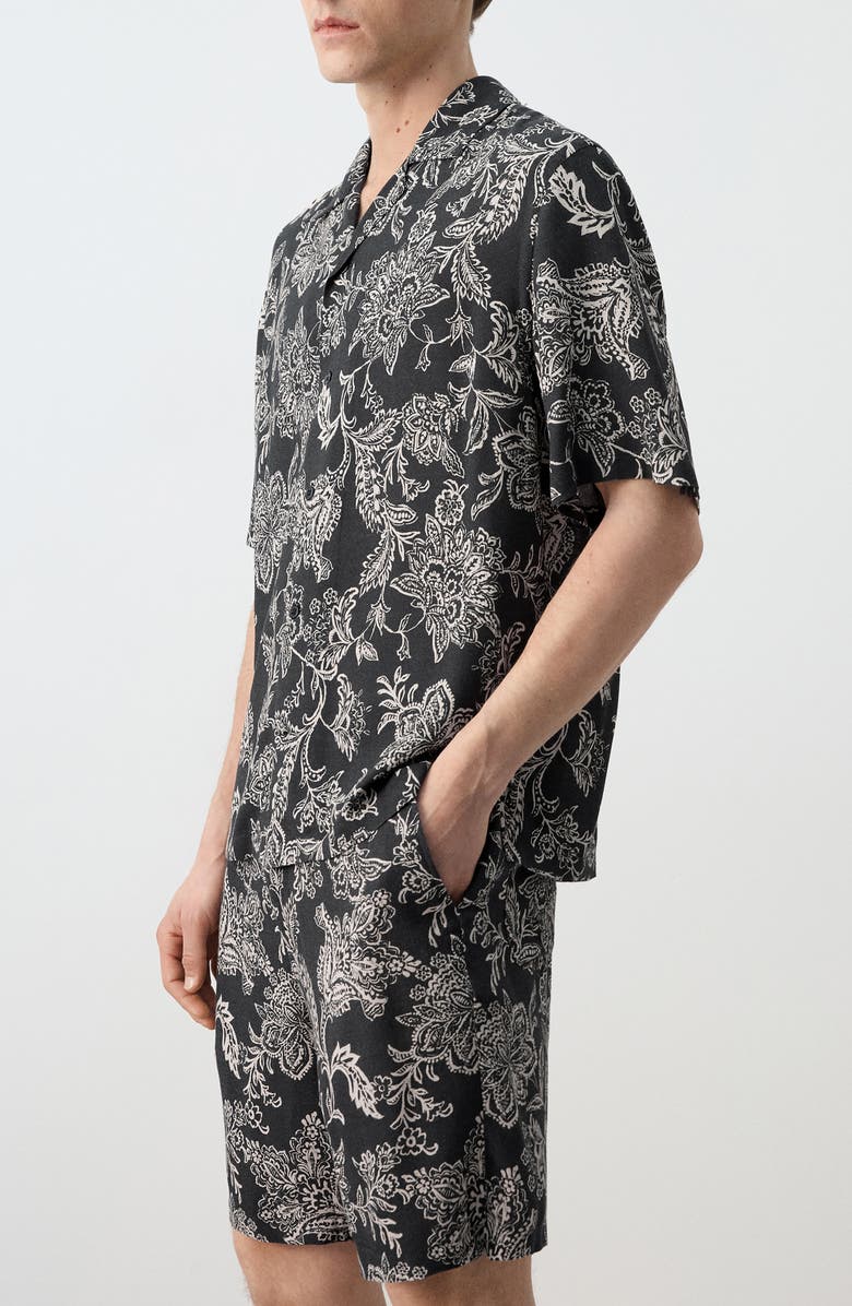 MANGO Floral Print Camp Shirt, Alternate, color, Black