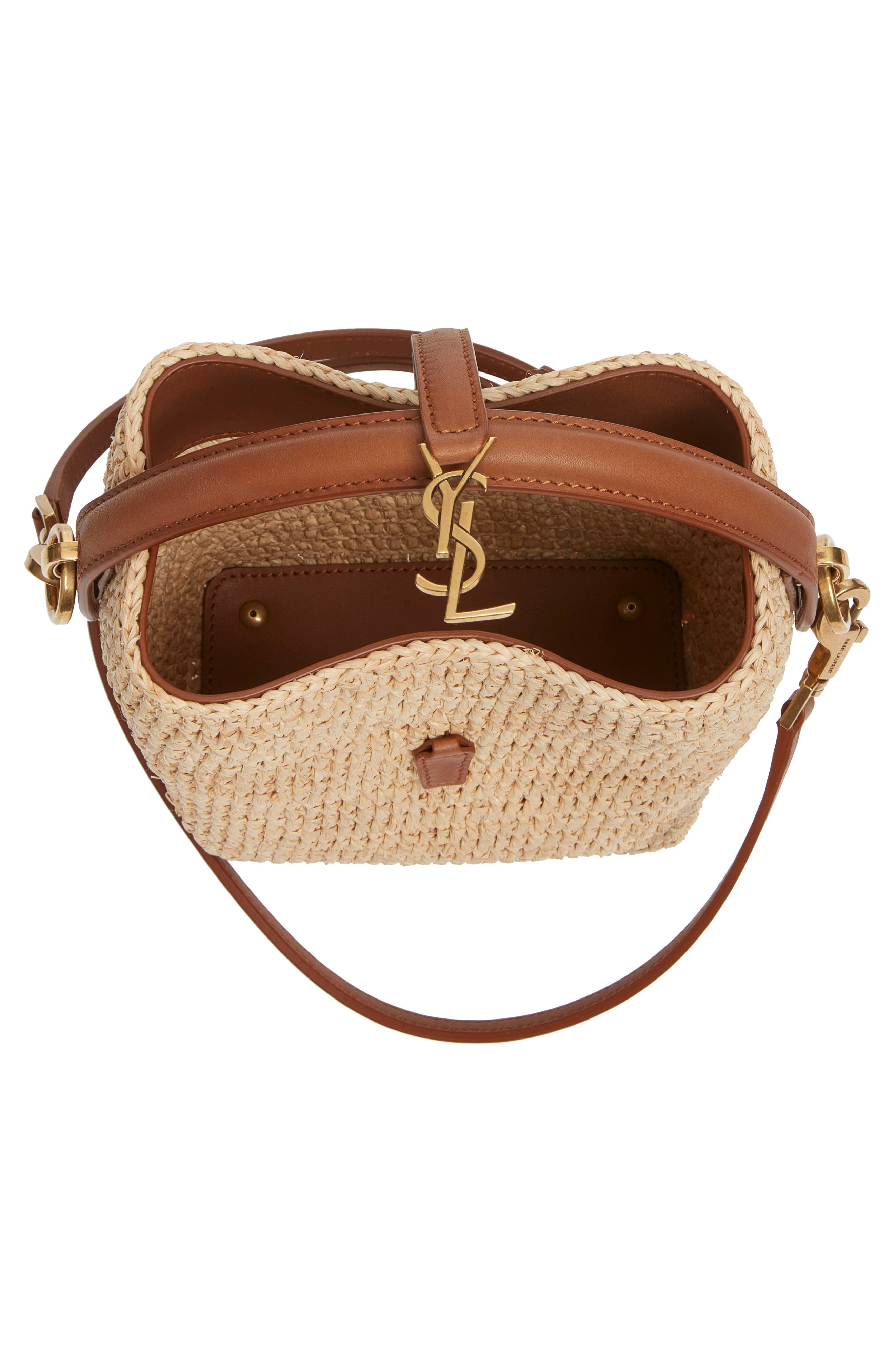 Saint Laurent Mini Le 37 Raffia Bucket Bag, Alternate, color, Naturel/ Brick