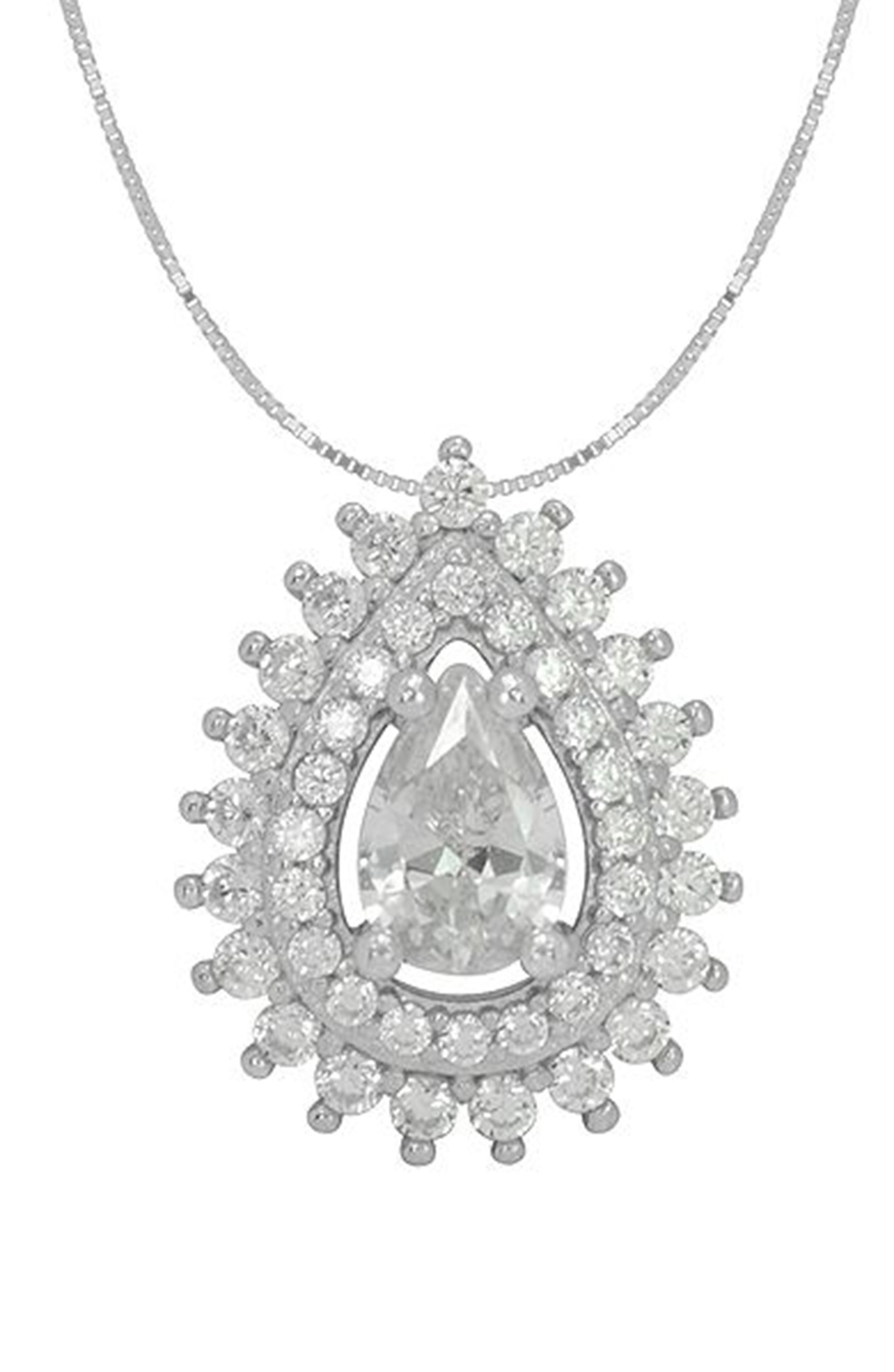 Pear Cubic Zirconia Double Halo Pendant Necklace