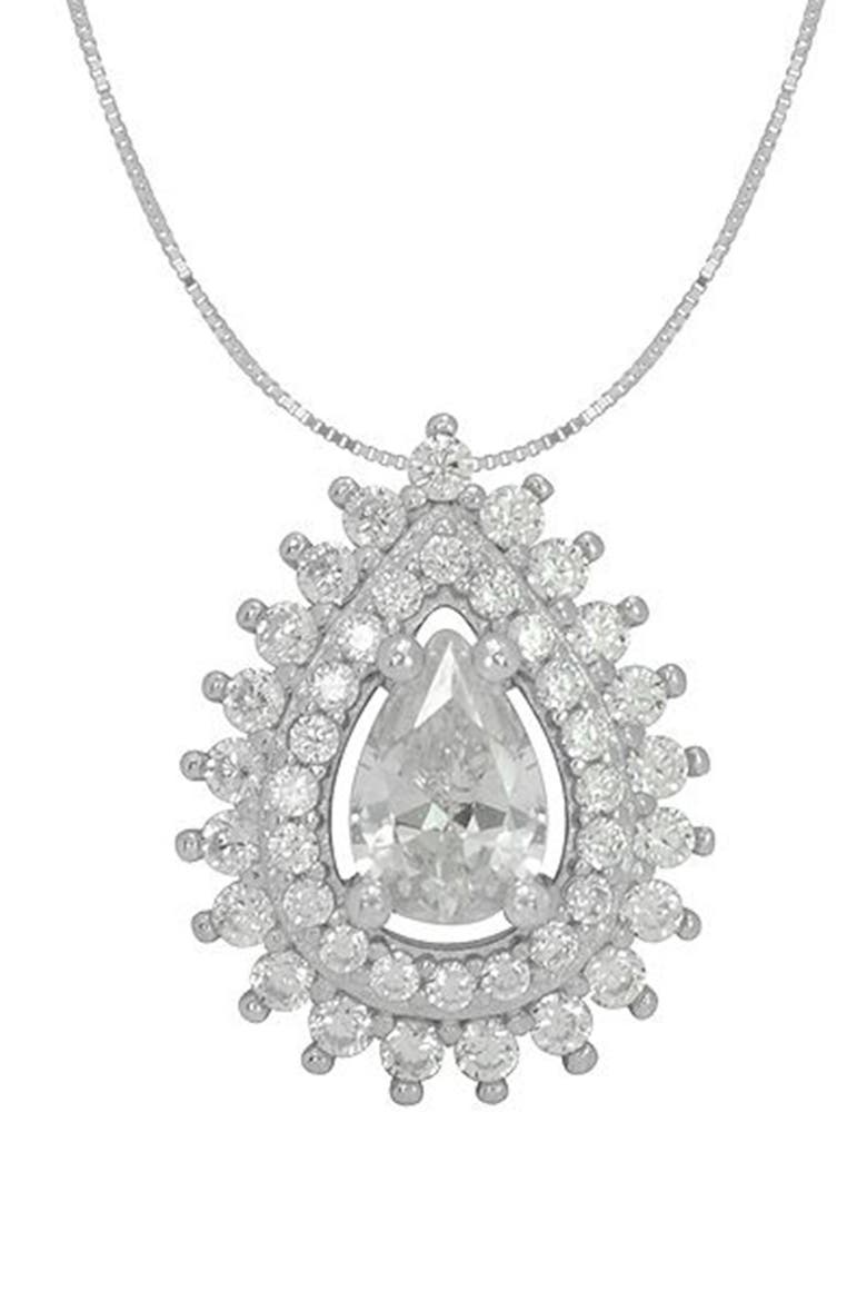 Pear Cubic Zirconia Double Halo Pendant Necklace, Main, color, CLEAR