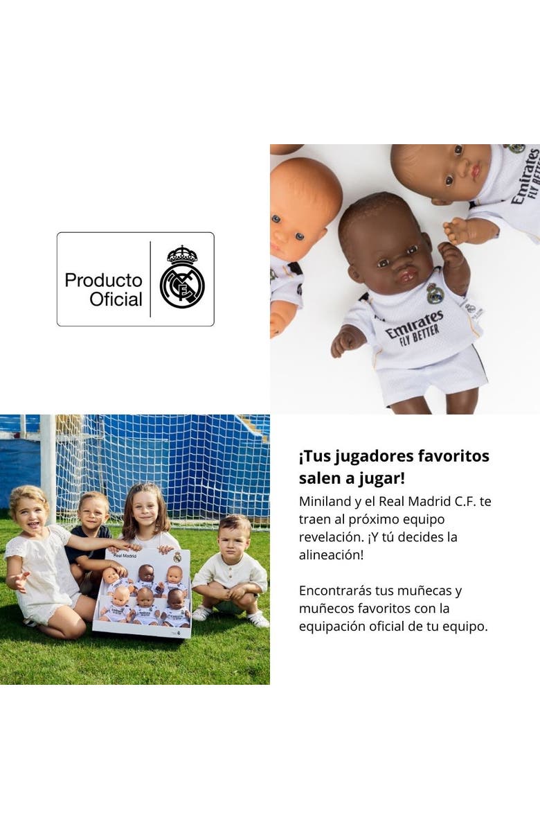 Miniland 8 1/4 inch Baby Boy Doll with Real Madrid SoccerJersey, Alternate, color, Dark Skin