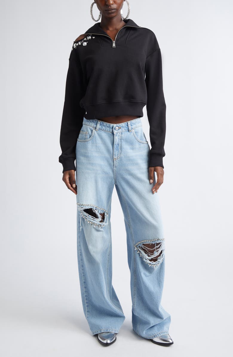 Area Crystal Cluster Cutout Quarter Zip Sweatshirt, Alternate, color, Black