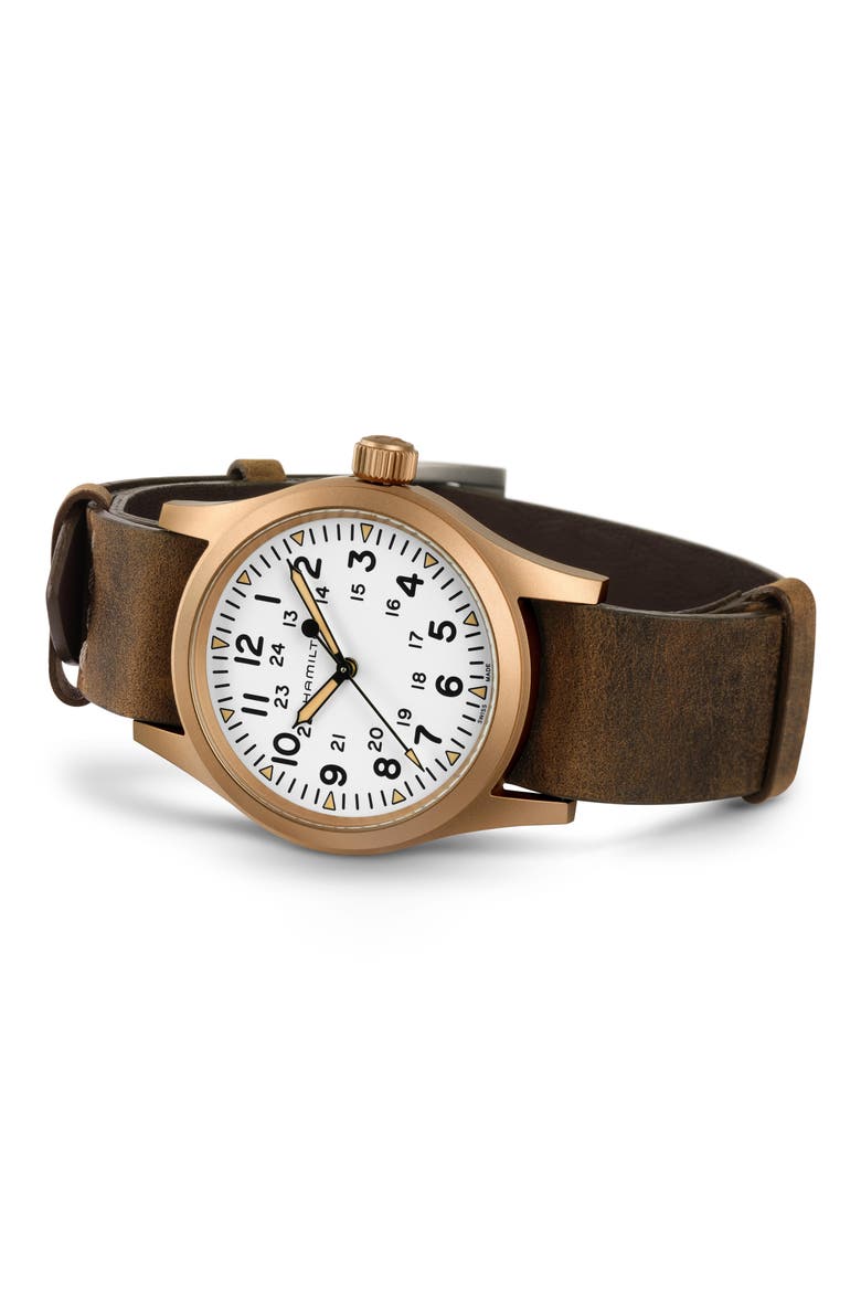 Khaki Field Mechanical Leather Strap Watch, 38mm, Alternate, color, WHITE
