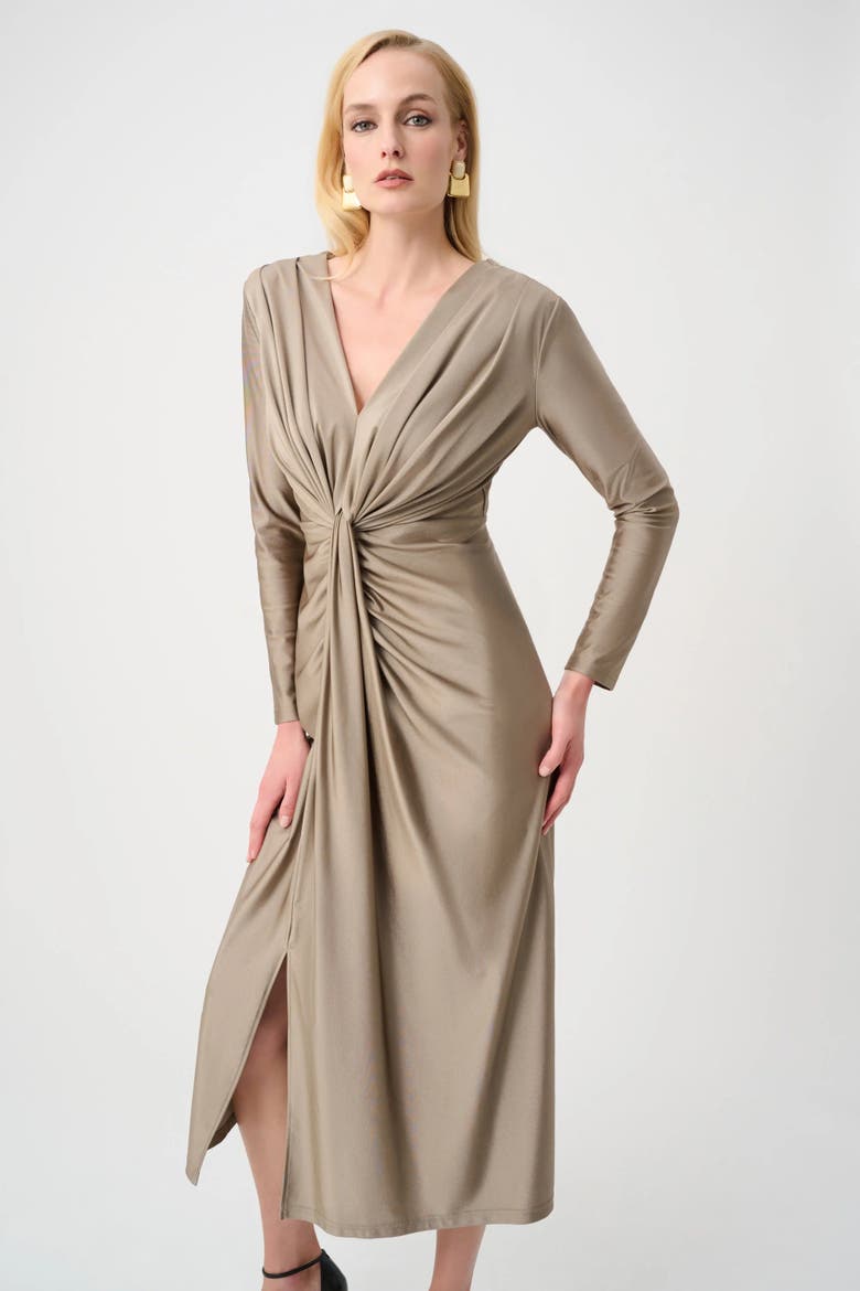Satin Effect Knit Draped V-Neck Sheath Dress, Alternate, color, Tan