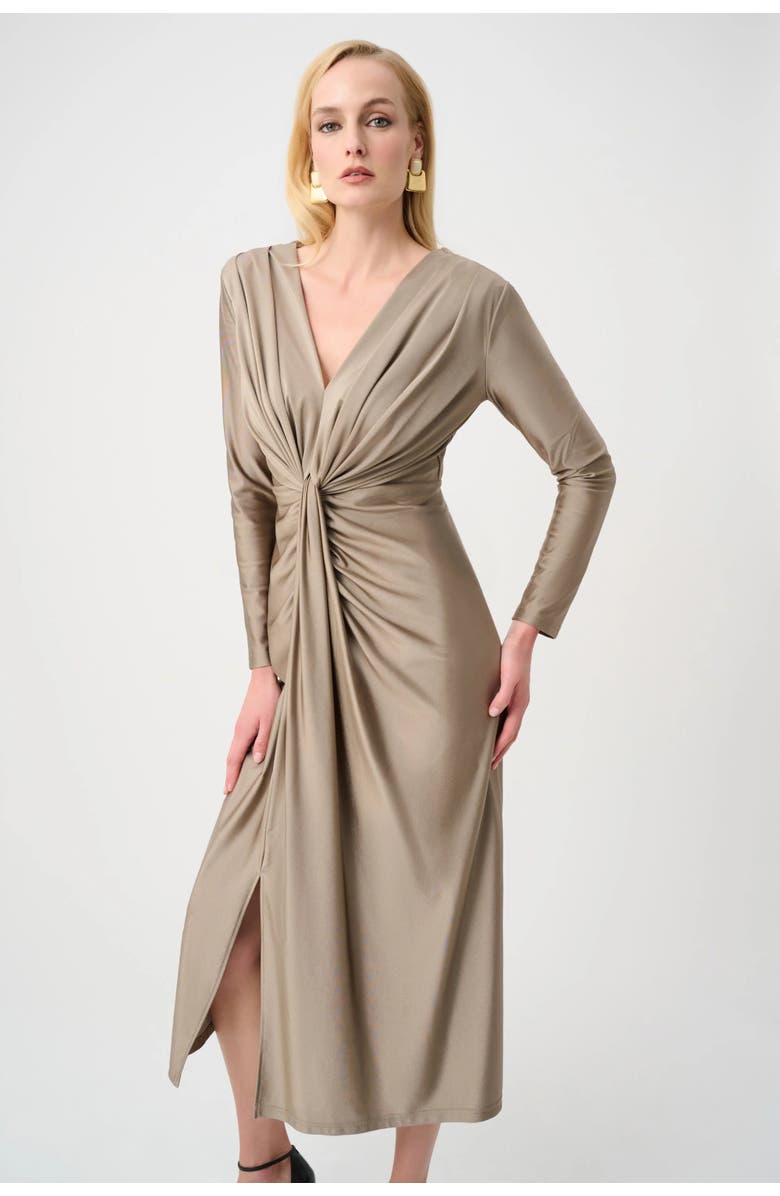 Joseph Ribkoff Satin Effect Knit Draped V-Neck Sheath Dress, Alternate, color, Tan