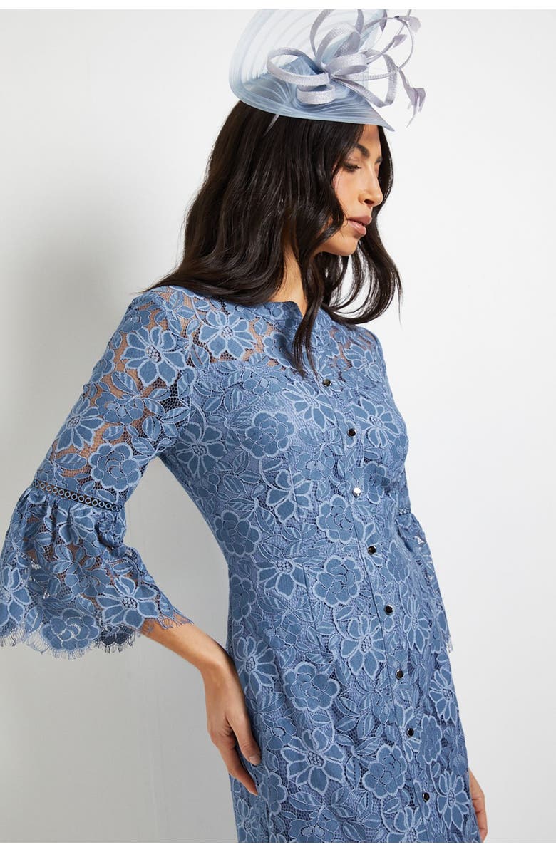 Wallis Lace Button Flute Sleeve Midi Dress, Alternate, color, Blue