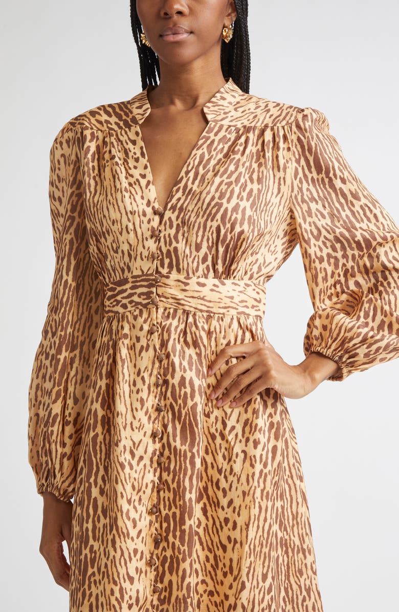 Zimmermann Cascadian Leopard Print Long Sleeve Linen Midi Dress, Alternate, color, Tan Leopard