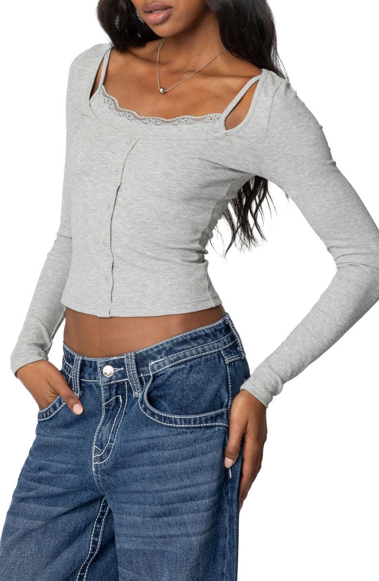 EDIKTED Josi Layered Rib Top, Alternate, color, Gray-Melange