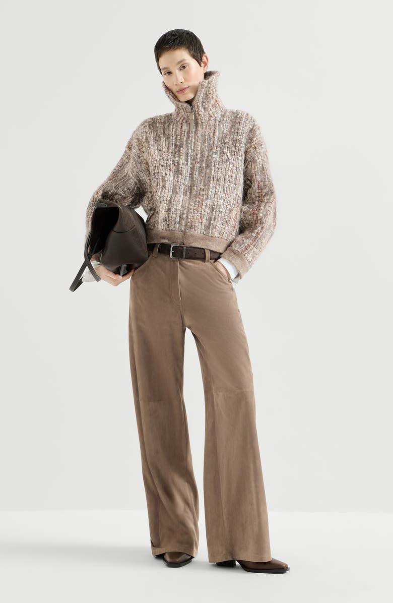 Brunello Cucinelli Suede baggy trousers with monili, Alternate, color, Light Brown