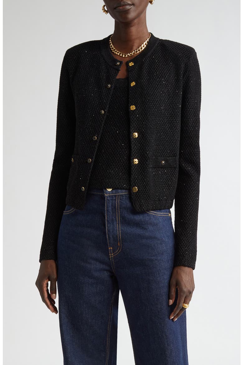 Microsequin Cotton Blend Cardigan, Main, color, BLACK