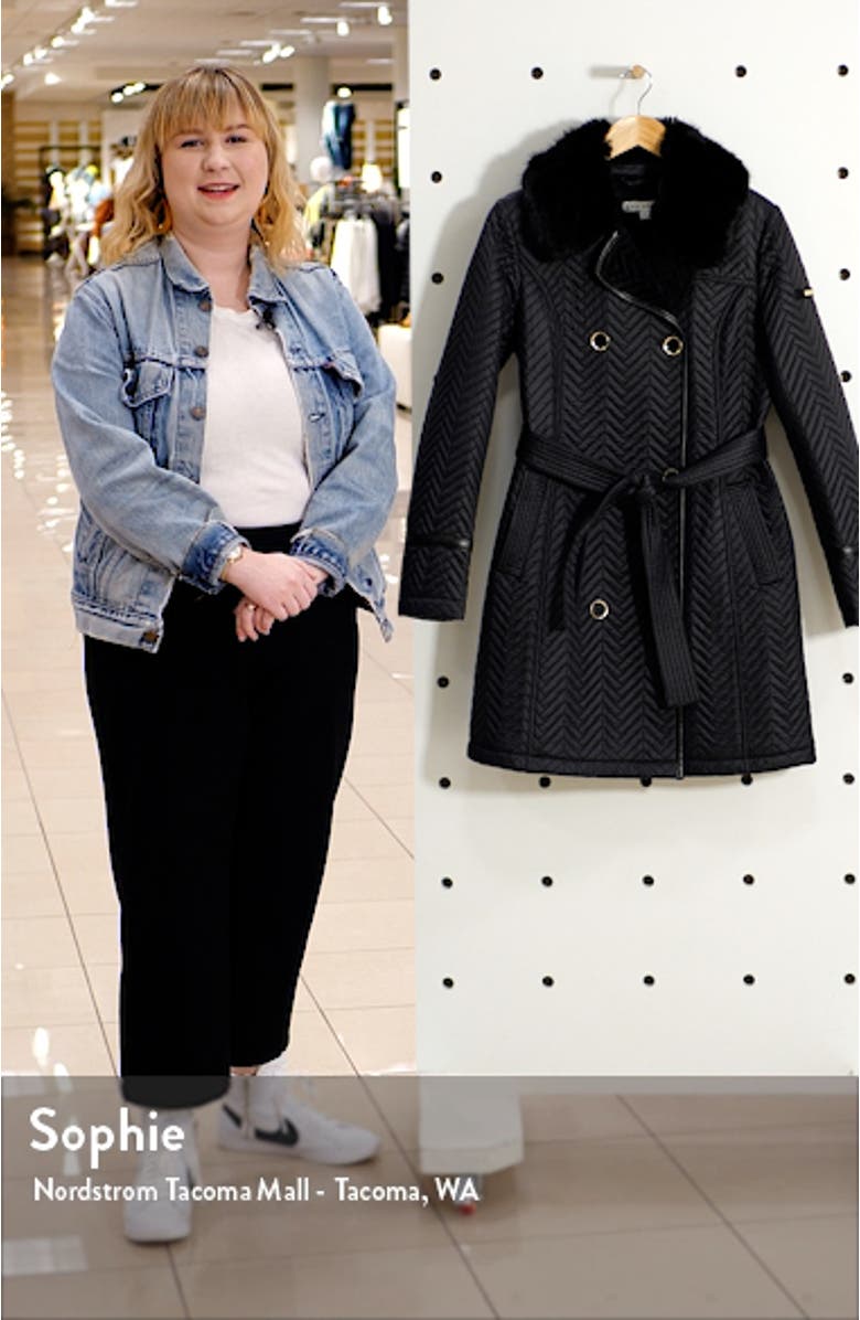 Water Resistant Double Breasted Faux Fux Collar Quilted Coat, sales video thumbnail