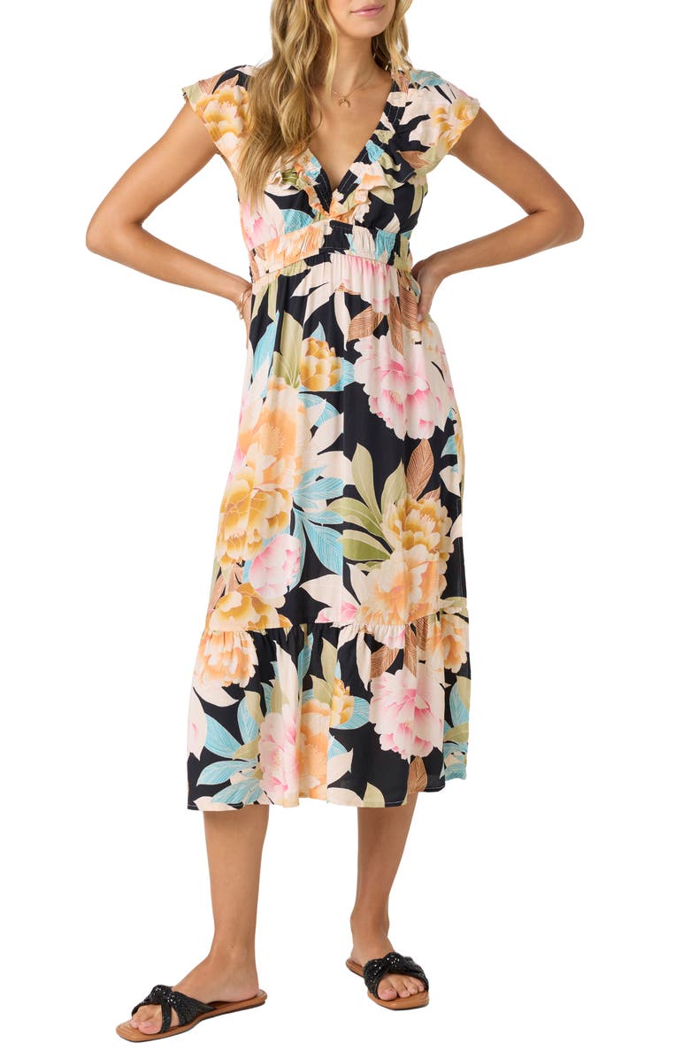 O
Neill Zetta Floral Midi Dress, Main, color, Black