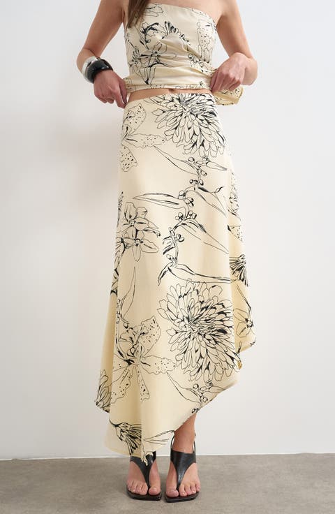 Co-ord Floral Satin Asymmetric Hem Midi Skirt