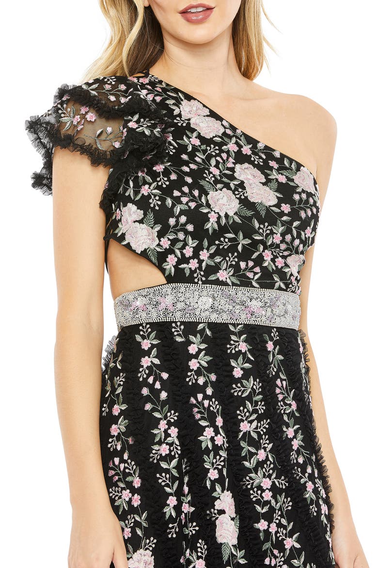 Floral Embroidered One-Shoulder Gown, Alternate, color, BLACK MULTI
