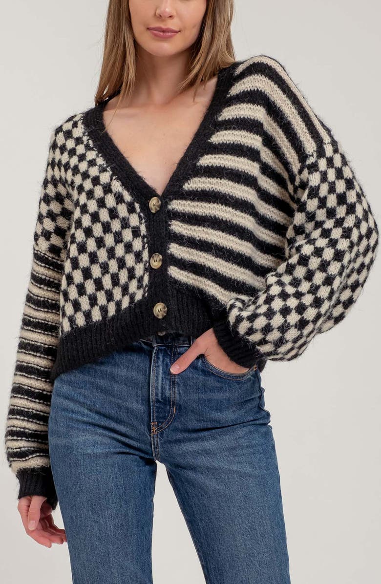 Blu Pepper Stripe Check Balloon Sleeve Cardigan, Main, color, 