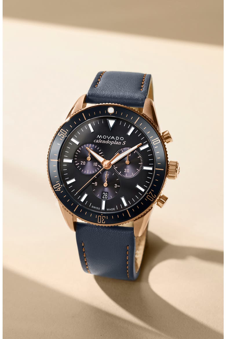 Heritage Calendoplan Chronograph Leather Strap Watch, 42mm, Alternate, color, GRAY