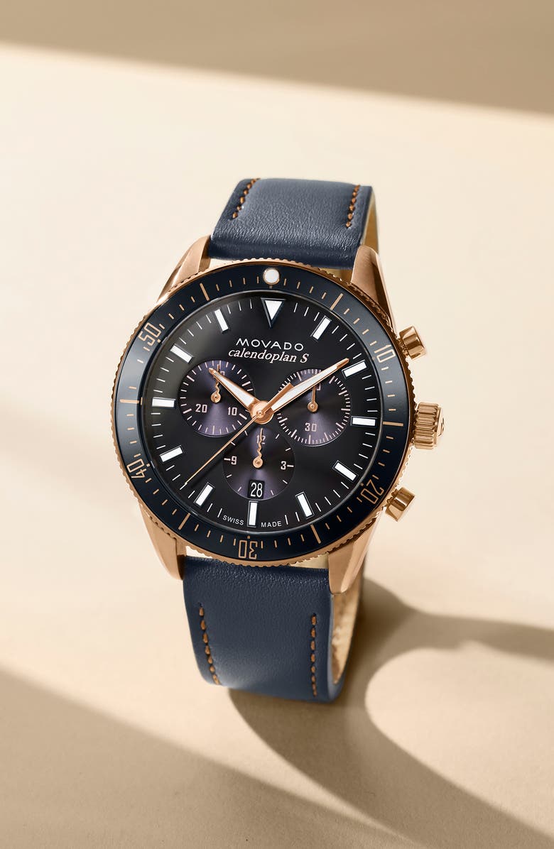 Movado Heritage Calendoplan Chronograph Leather Strap Watch, 42mm, Alternate, color,