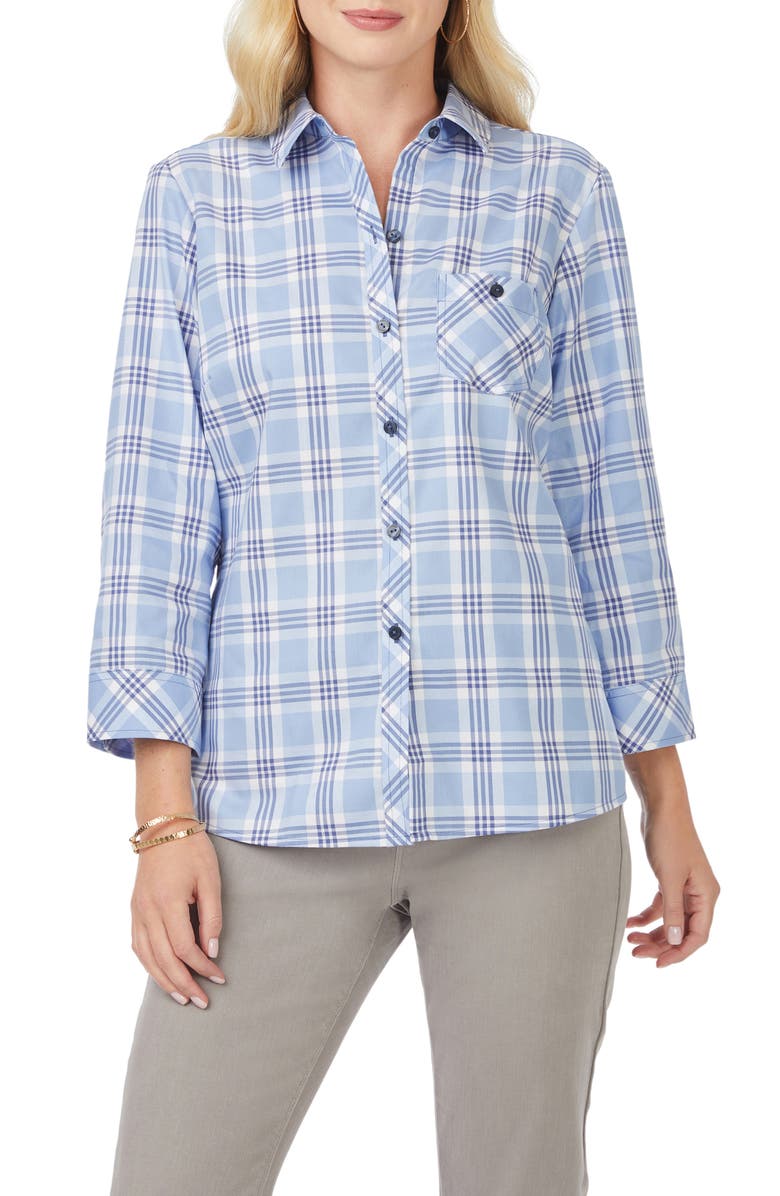 Foxcroft Hampton Plaid Non-Iron Button-Up Shirt, Main, color, Baltic Blue