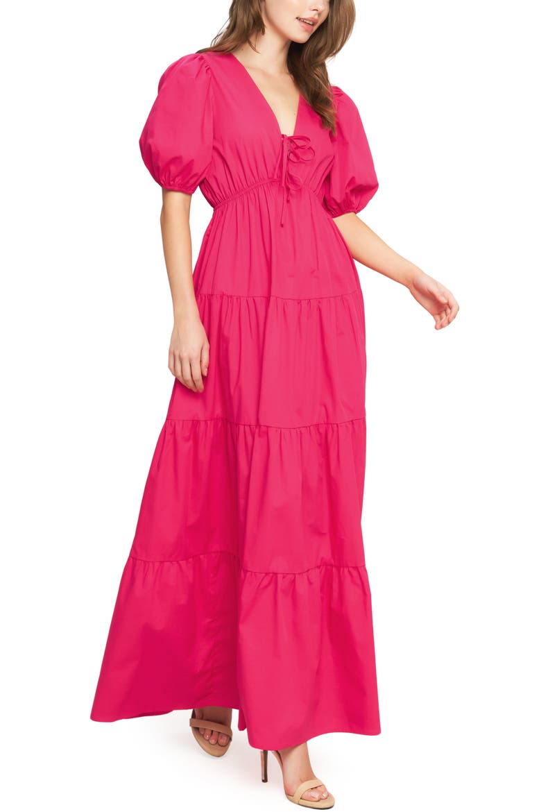 Puff Sleeve Tiered Maxi Dress, Alternate, color, FUCHSIA