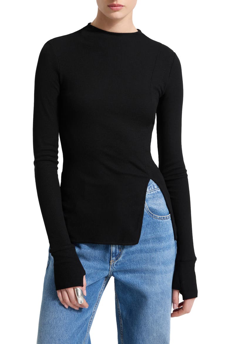 Clover Ribbed Mock Neck Top, Main, color, BLACK