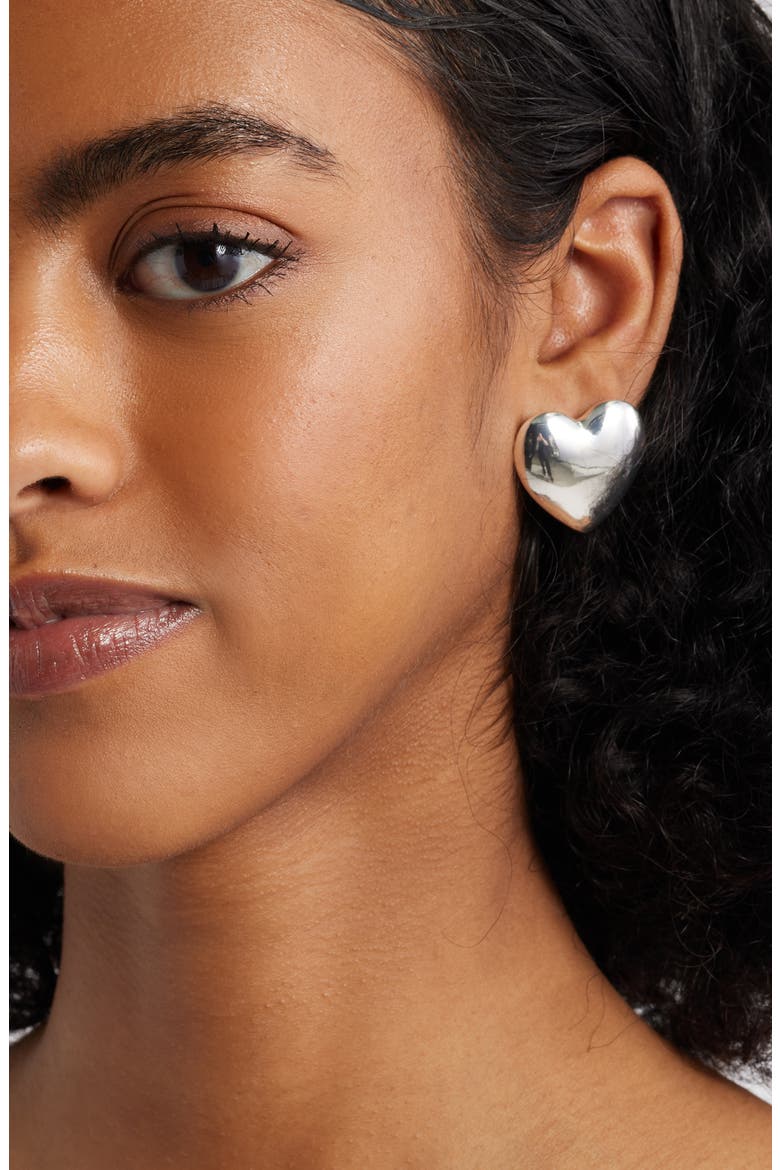 Puffy Heart Stud Earrings, Alternate, color, SILVER