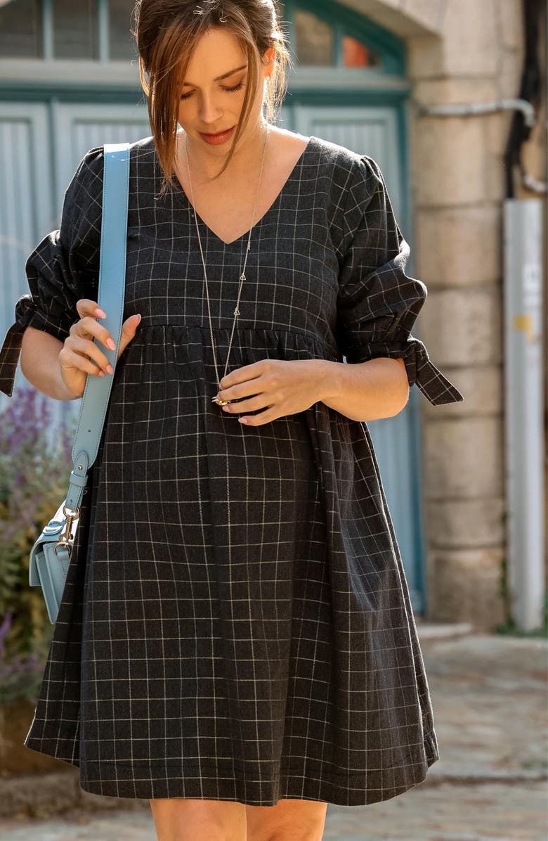 Cache Coeur Janis Windowpane Plaid Tie Sleeve Maternity/Nursing Dress, Alternate, color, 