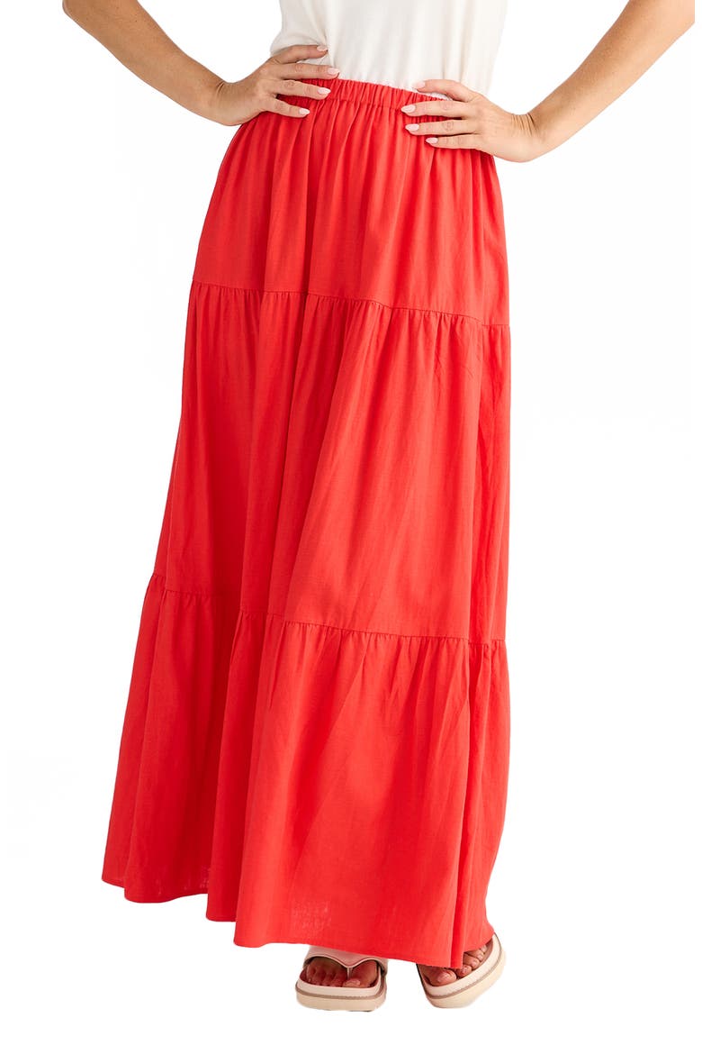 Erini Tiered Linen Blend Maxi Skirt, Main, color, POPPY RED