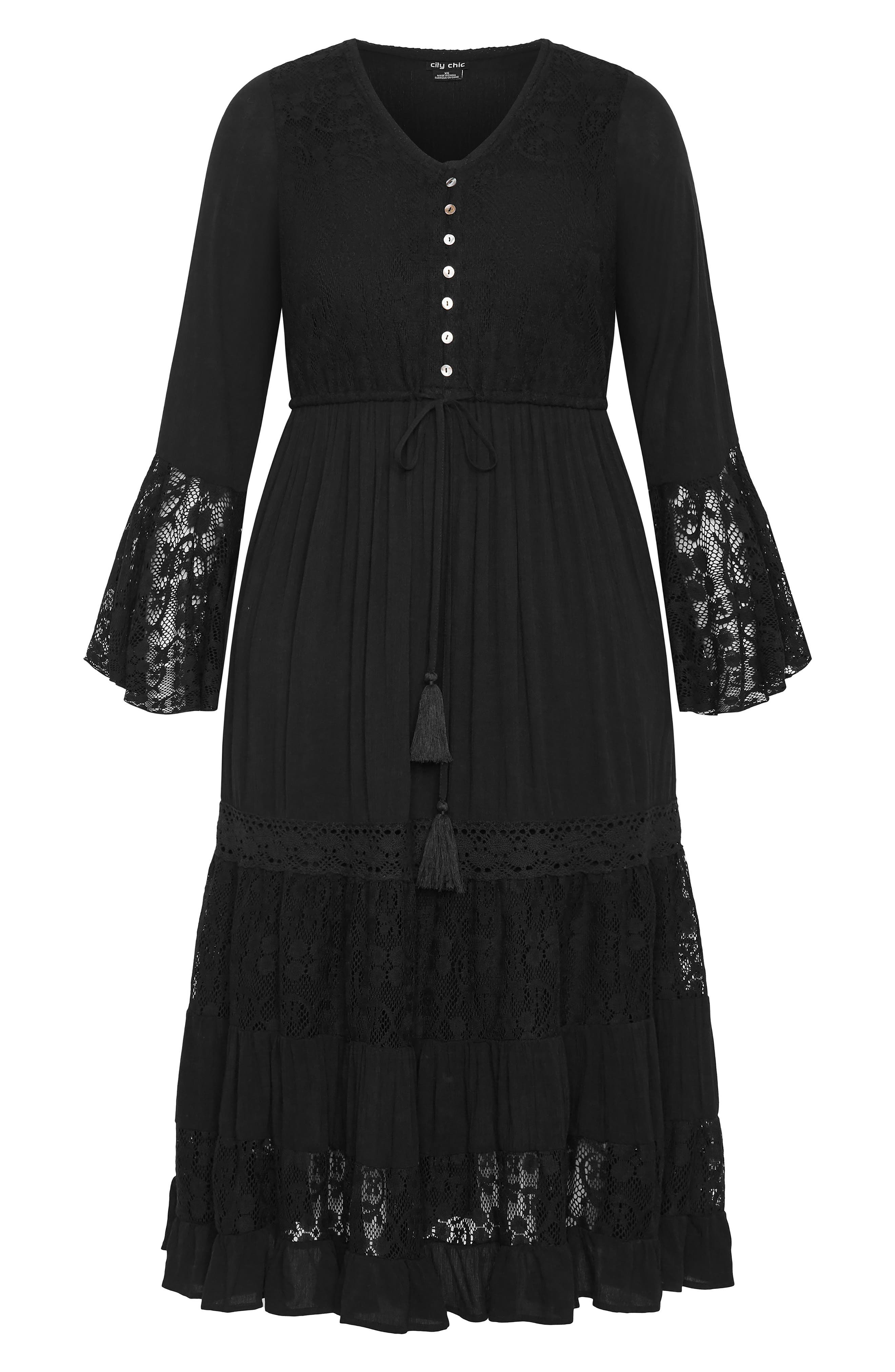 City Chic Dulce Lace Detail Long Sleeve Maxi Dress In Black