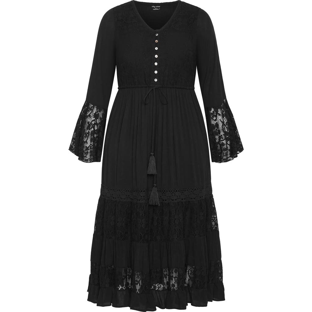 City Chic Dulce Lace Detail Long Sleeve Maxi Dress In Black