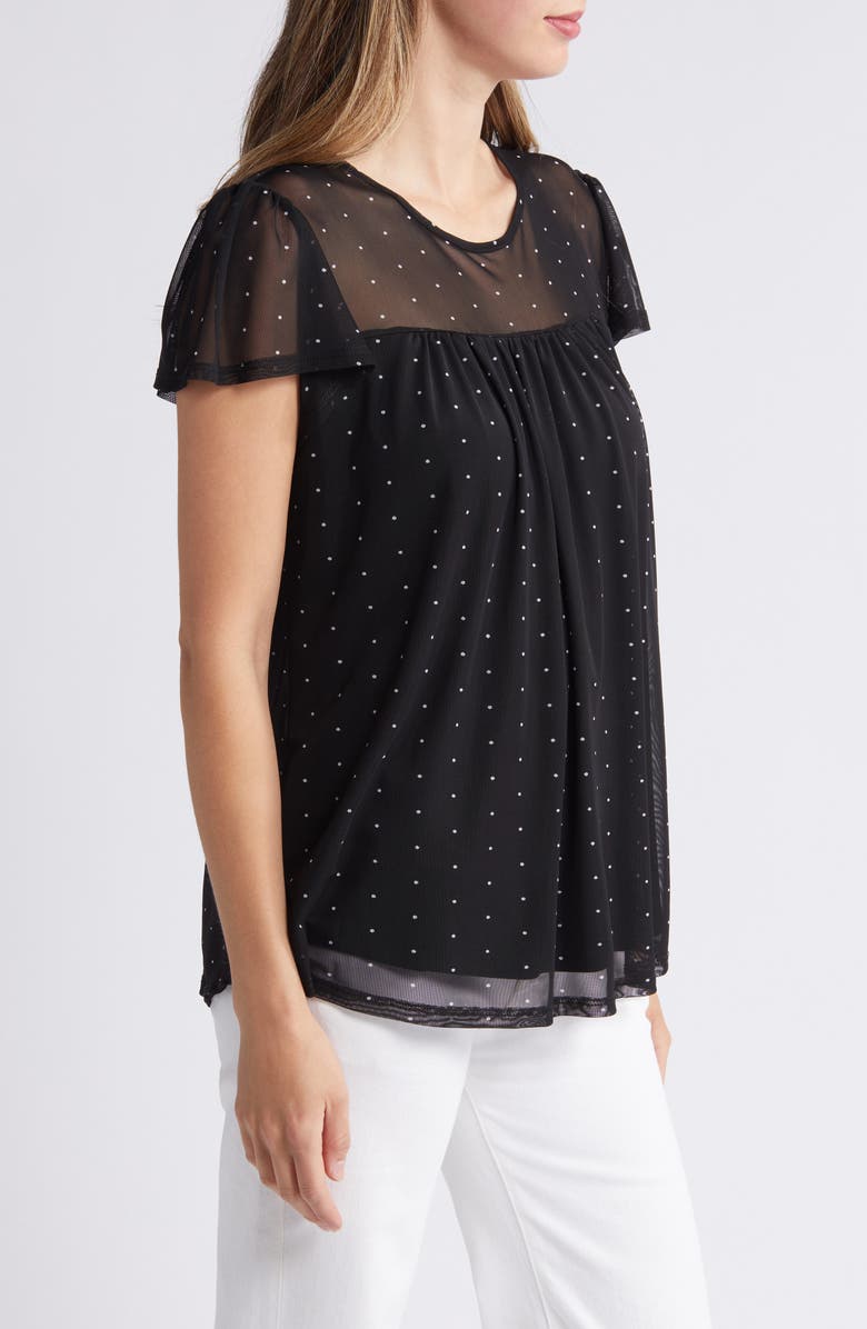 Loveappella Polka Dot Sheer Yoke Mesh Top, Alternate, color, Black