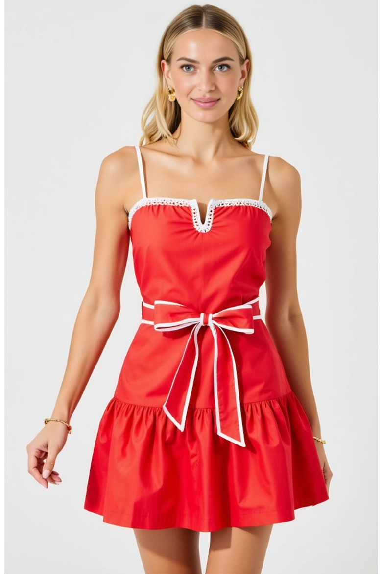 Spaghetti-Strap Crochet-Trim Tie-Waist Mini Dress, Alternate, color, Red