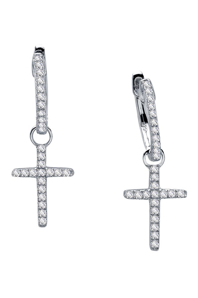 Pavé Simulated Diamond Cross Drop Huggie Hoop Earrings, Main, color, SILVER