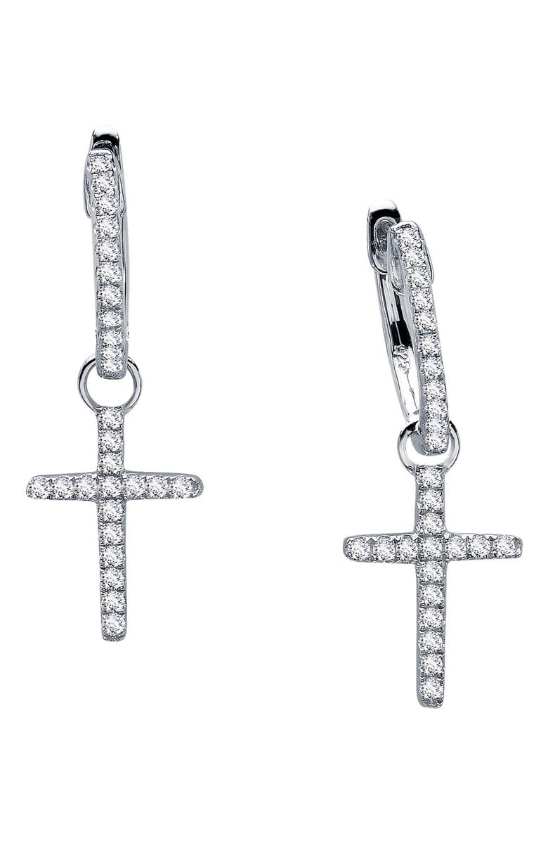 Lafonn Pavé Simulated Diamond Cross Drop Huggie Hoop Earrings, Main, color, Silver