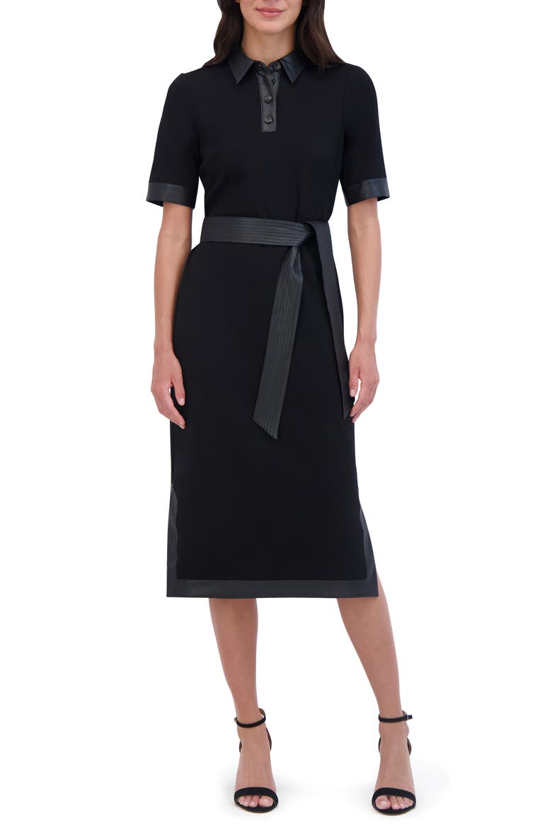 Faux Leather Trim Tie Waist Midi Dress, Main, color, BLACK