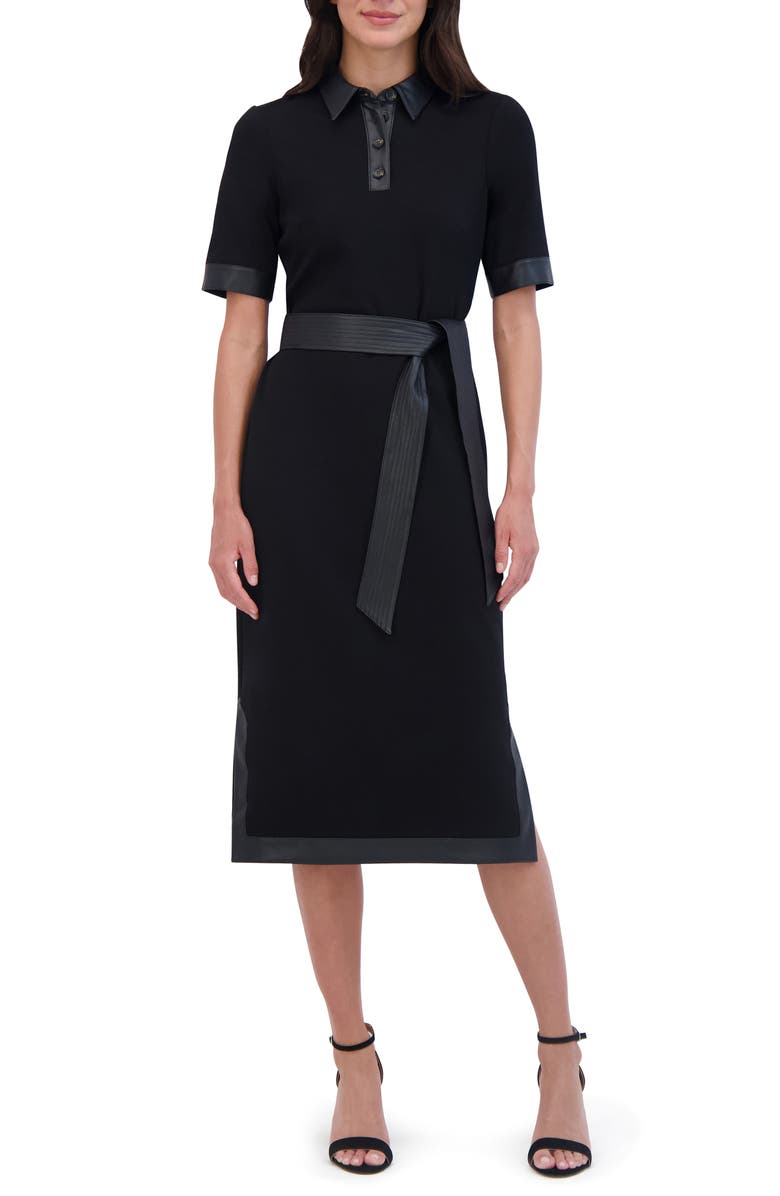 Eliza J Faux Leather Trim Tie Waist Midi Dress, Main, color, Black