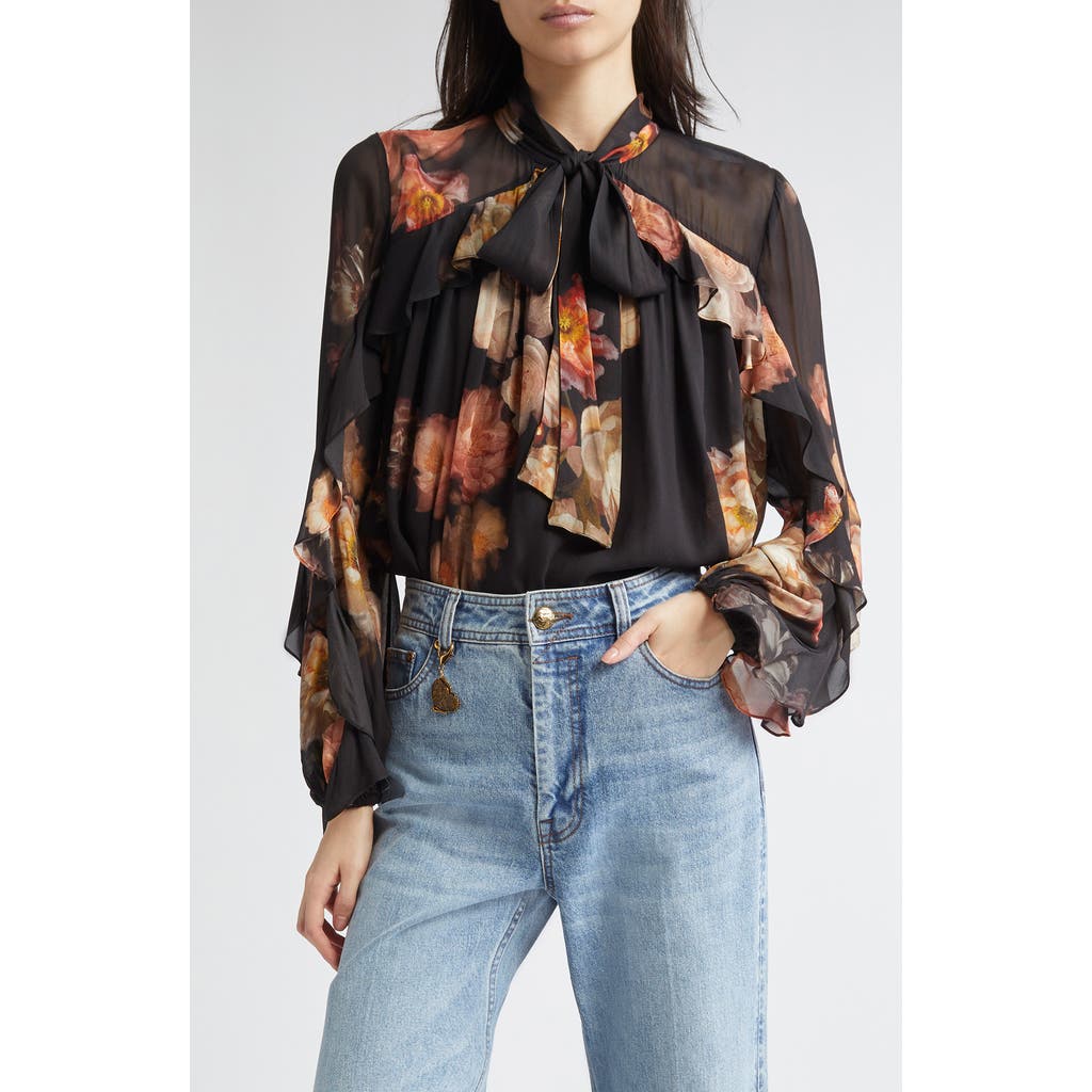 Zimmermann Hypnotic Floral Print Ruffle Georgette Top In Black