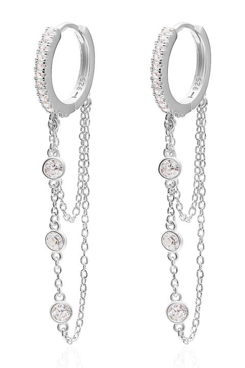 Sterling Silver Dangle Pave Huggie Earrings