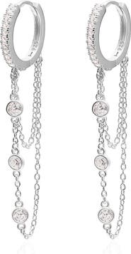 GABI RIELLE Sterling Silver Dangle Pave Huggie Earrings