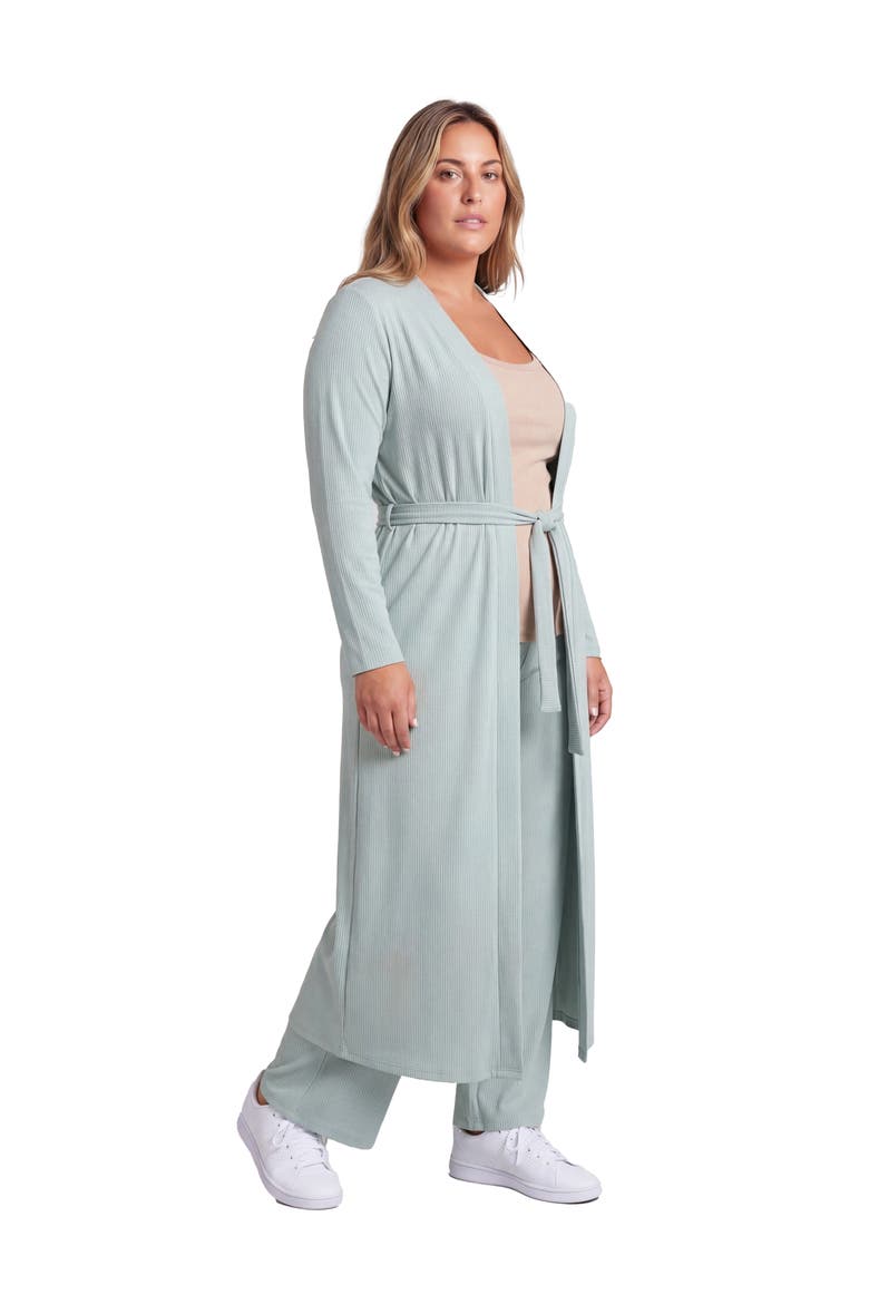 Curvy Basic Long Sleeve Tie Waist Soft Jacket and Elastic Waist Wide Leg Pant Set, Alternate, color, Mint